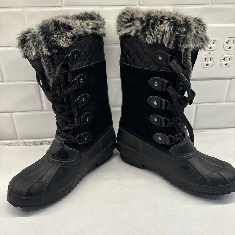 Khombu boots womens Tall Fur Trim Waterproof Bottom‎ Lace Up Black Size 7.5 EUC